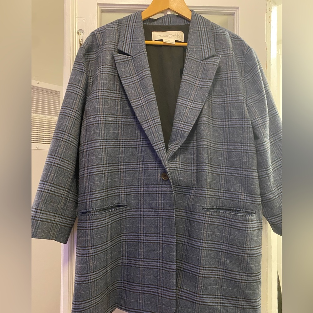 Oversize navy plaid blazer, 3/4 sleeves, slit pockets